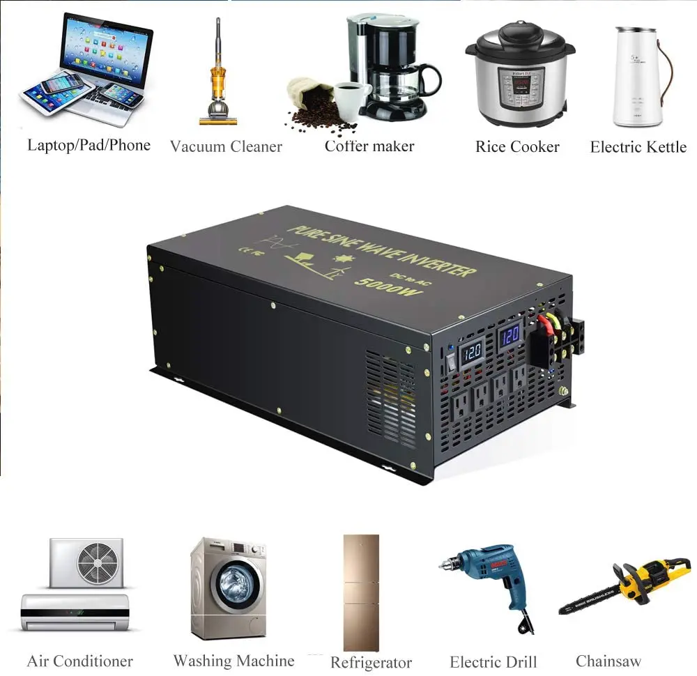 Off Grid Pure Sine Wave Solar Inverter 24V to 220V 5000W RV Camp Home 12V 36V 48V DC to 120V 230V 240V AC Converter Power Supply