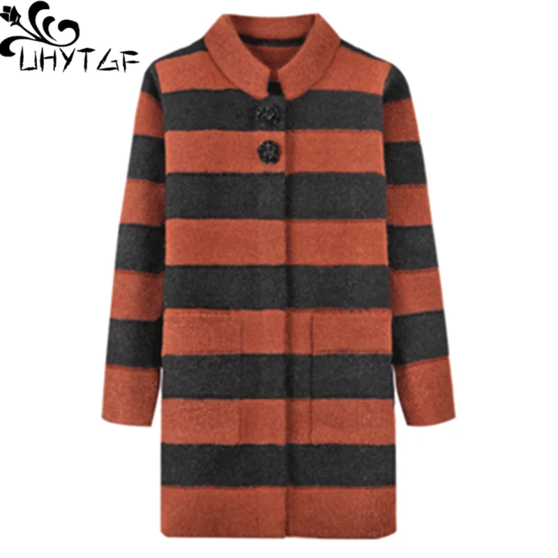 

UHYTGF Autumn winter coats Female fashion striped knitted cardigan women's trench coat stand collar slim 4XL big size tops 1257
