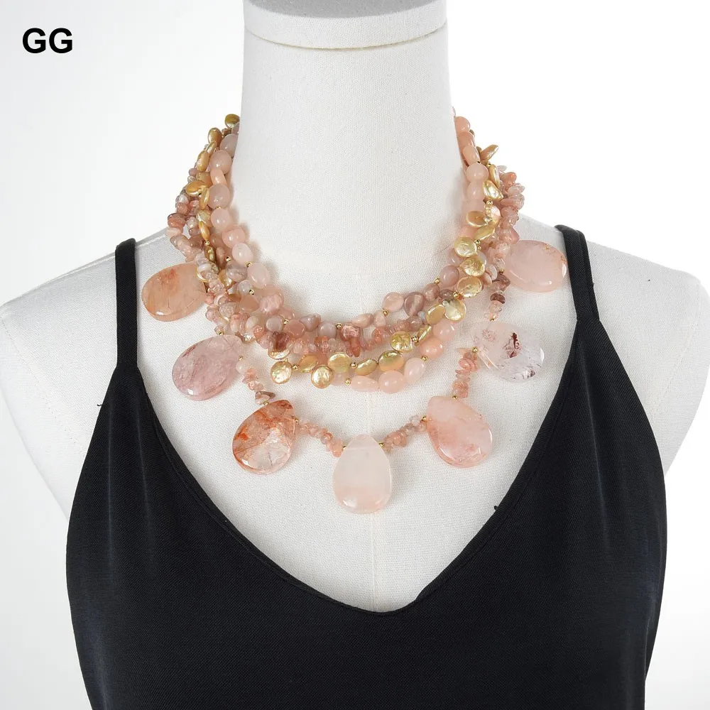 G-G 5 Rows Natural Coin Pearl Red Quartz Rutilated Sunstone Jade Necklace 18'' Handmade For Women