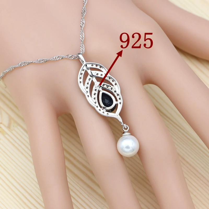 925 Silver Jewelry Set For Women Engagement Gift Blue Stone White Pearl Heart Shape Bracelet Necklace Pendant Earrings Open Ring