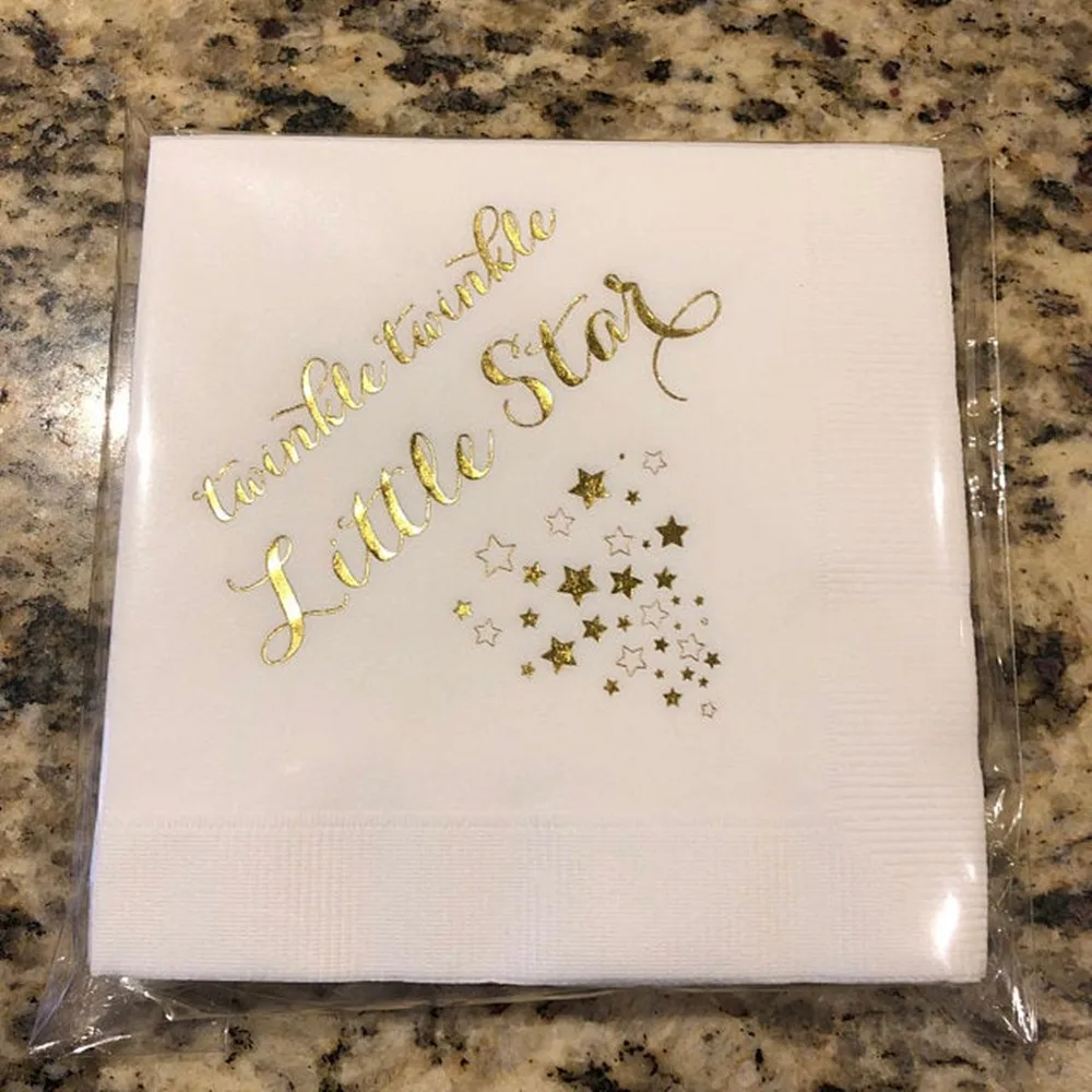 Twinkle Little Star Luncheon Napkins Baby Shower Birthday LUNCHEON SIZE Napkins White with Shiny / Metallic Gold Foil Print