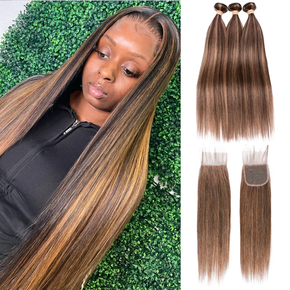 

Sapphire Highlight P4/27 Bundles With Closure Straight 3 Bundles With Closure Brazilian Hair Weave Bundles With 4x4 Lace Closure