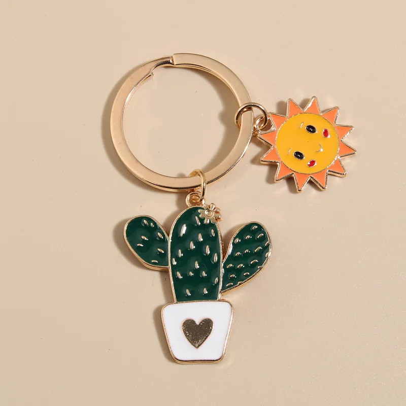 Cute Keychain Sun Cactus Flower Key Ring Letter Plants Key Chains Desert Gifts For Women Men Bag Accessorie DIY Handmade Jewelry