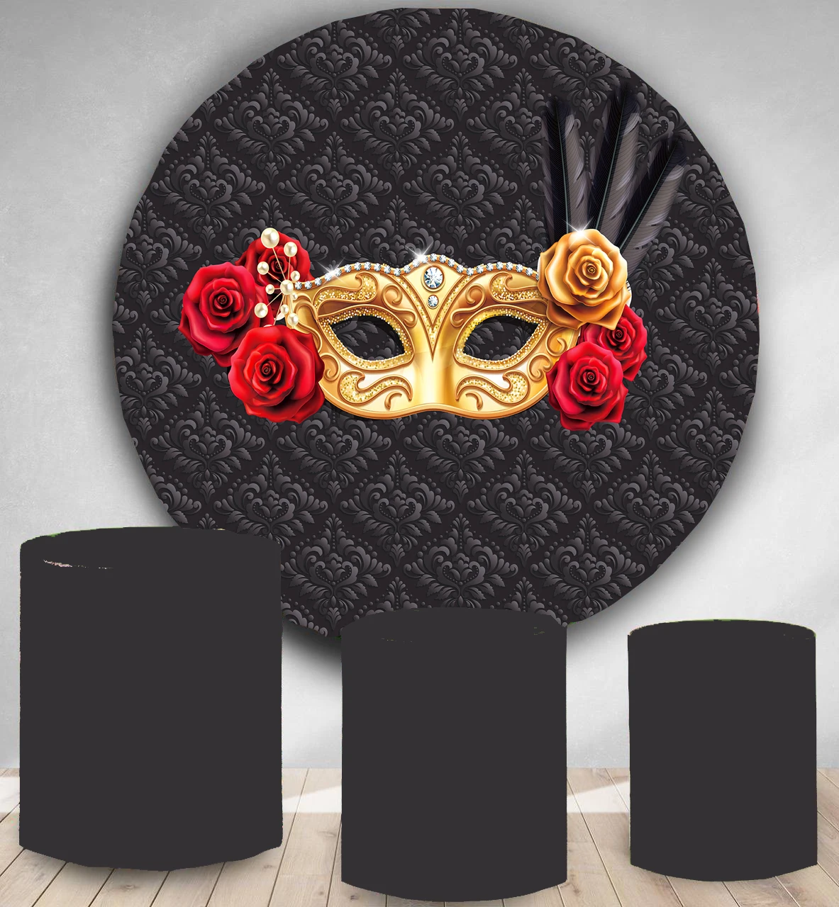 

Round Panel circle background women Masquerade themed birthday party decor damask red rose candy dessert table banner vinyl