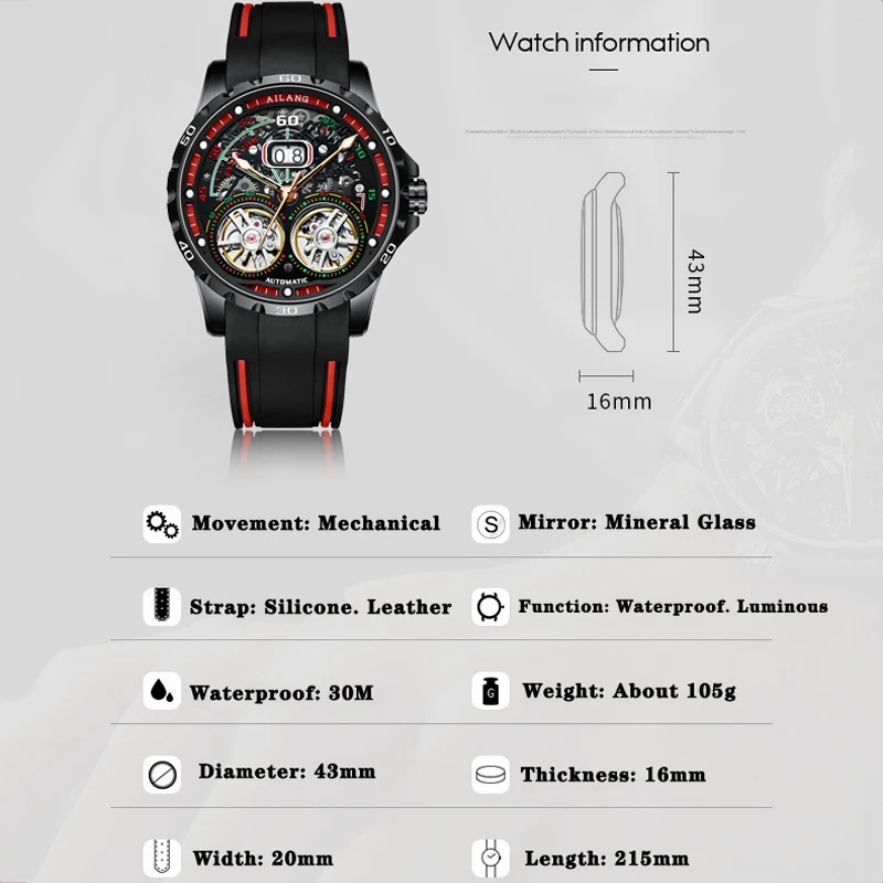 AILANG Super Cool Double Tourbillon Automatic Mechanical Watch Men Luxury Brand Luminous Waterproof Watches Men\'s Reloj Hombre