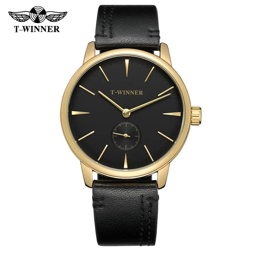 T-WINNER Fashion simple casual men\'s and women\'s watches black dial gold case black leather strap automatic mechanical watch