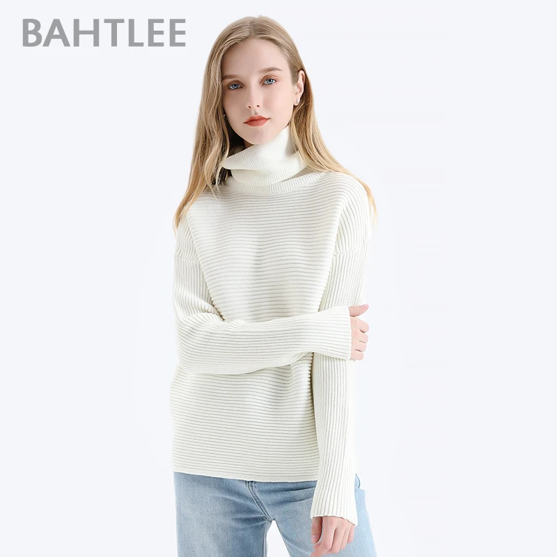 BAHTLEE-Women's Wool Sweater, Turtleneck Pullovers, Long Sleeves, Knitted Jumper, Loose, Warm, Autumn, Winter