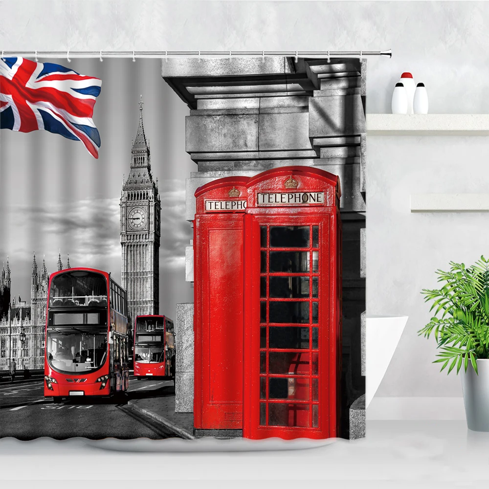 London Street View Shower Curtains Big Ben Red phone Booth Bus Printing Retro Wall Decor Cloth Screen Hooks Bathroom Curtain Set