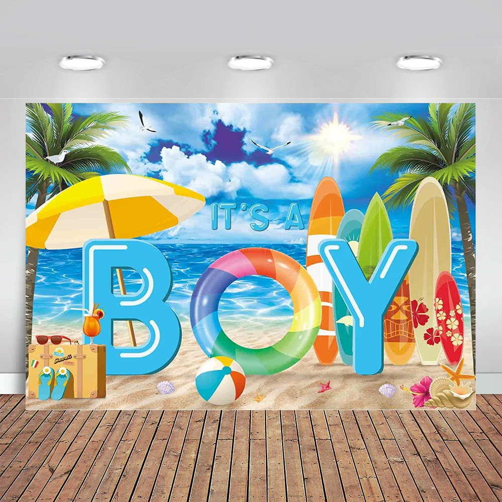 

It's A Boy Summer Party Backdrop Tropical Seaside Island Beach Background Blue Sky Sea Surfboard Hawaii Sunshine Luau Banner