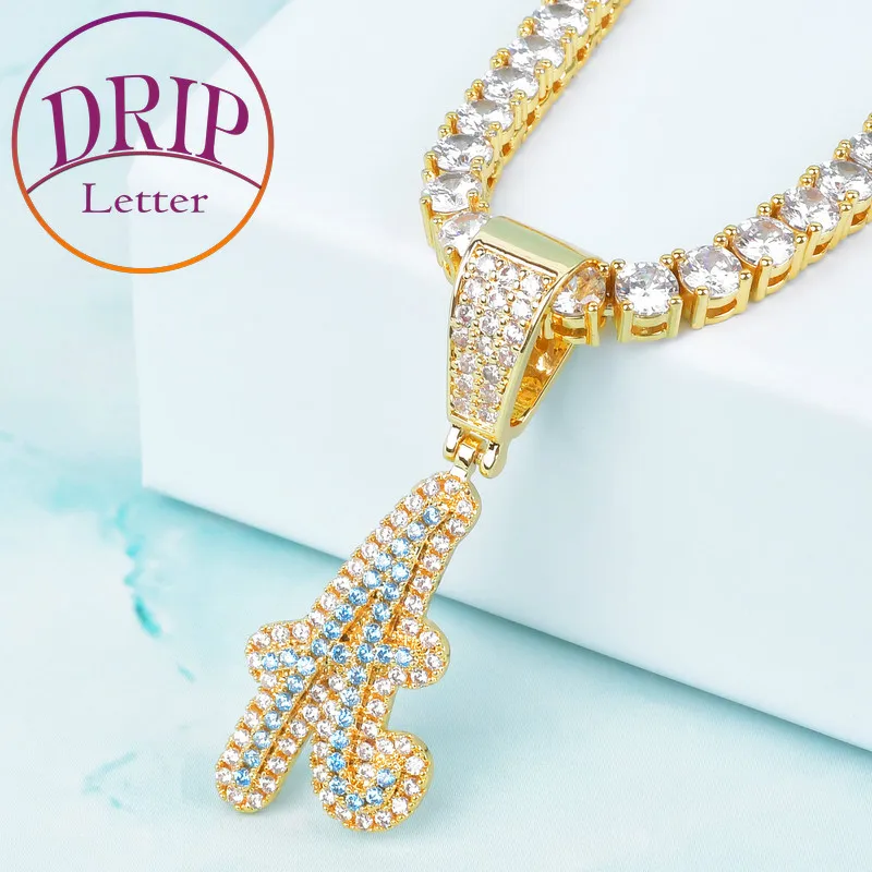 Line Single Letters Cubic Zircon Pendant With Gold Color Tennis Chain Necklace Men Women Hip Hop Rock Jewelry