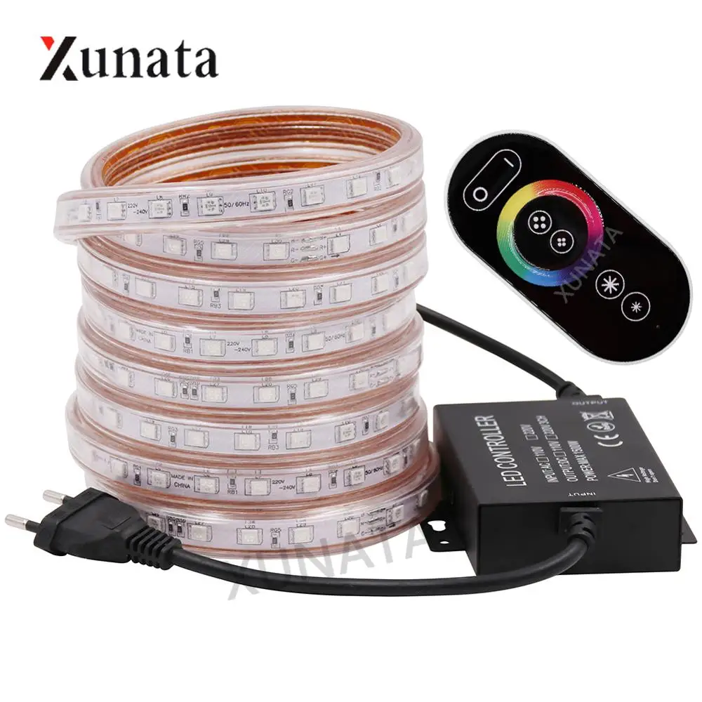 

AC220V RGB LED Strip Light SMD5050 60LEDs/M Flexible LED Tape with Full Touch Controller Waterproof LED Ribbon EU Plug Decor