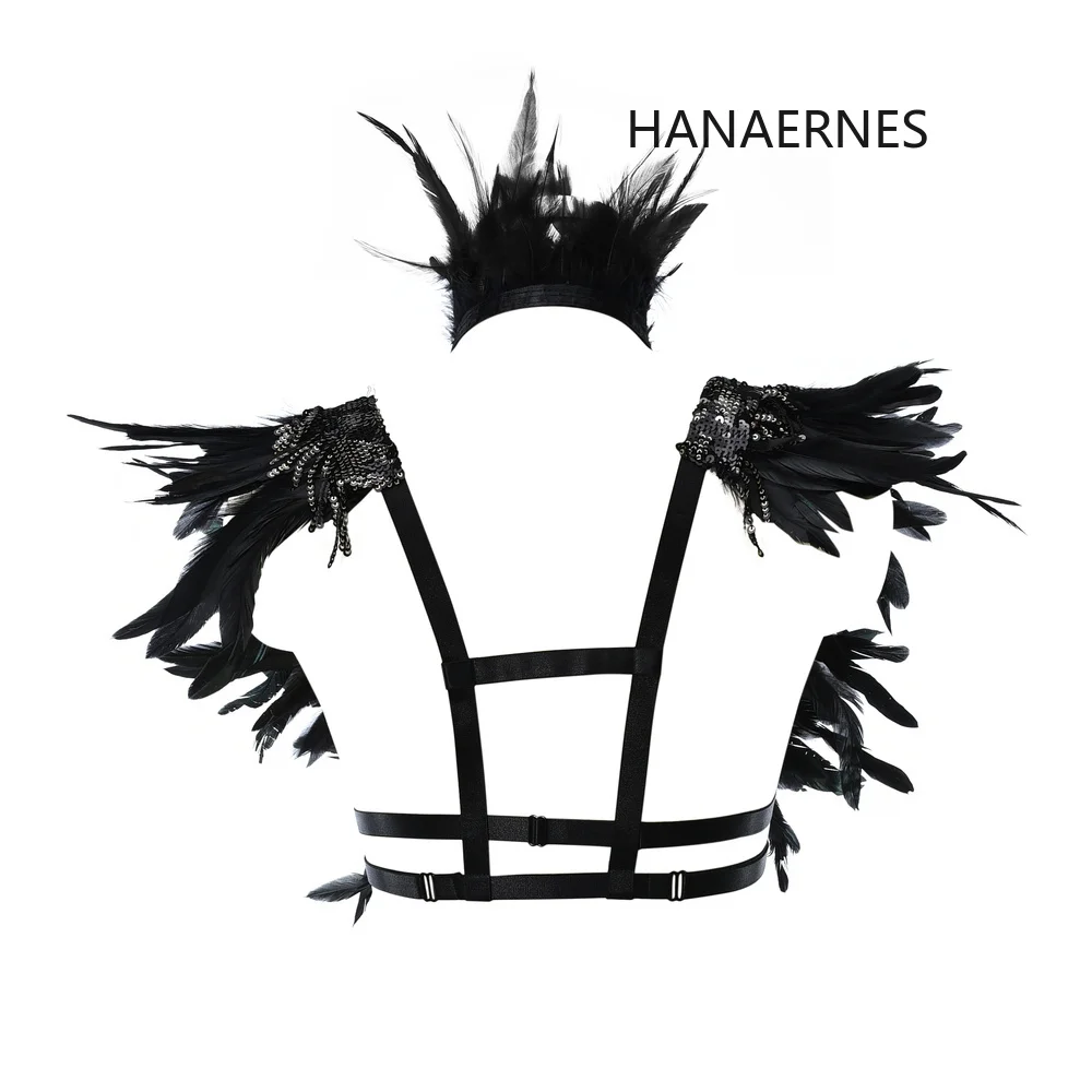 HANAERNES Fashion czarna uprząż z piór Punk klatka z piór Bralette otwarta klatka piersiowa biustonosz z piór BDSM egzotyczne Goth bielizna z piór topy