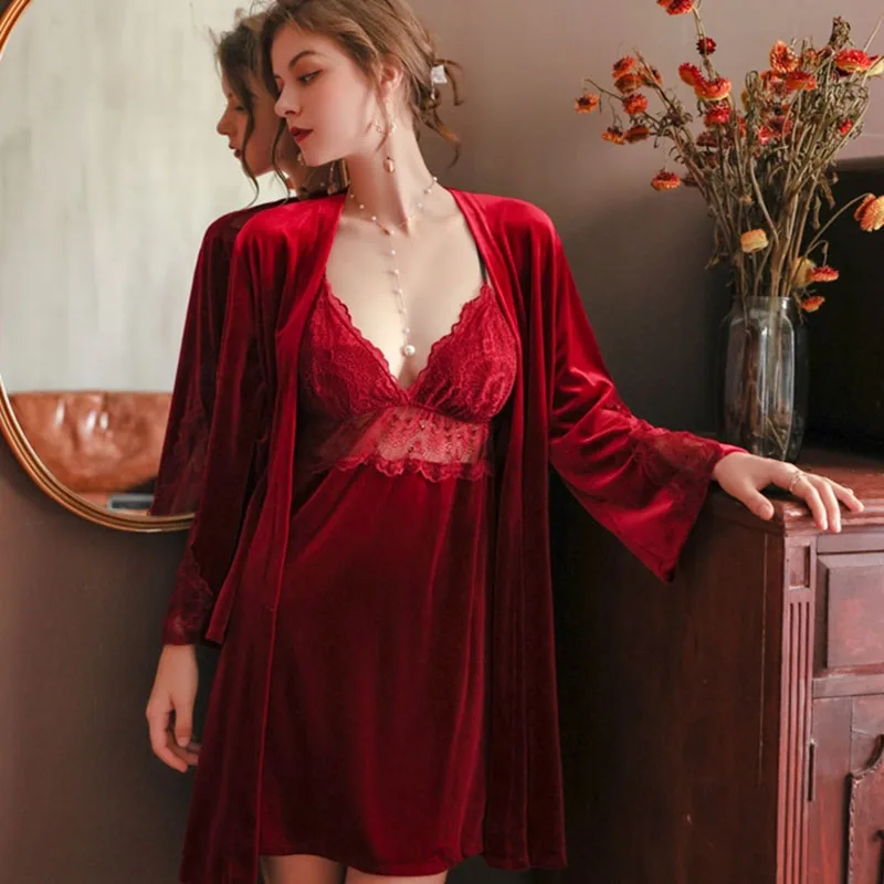 Sexy Woman Nightie Red Velvet Robe Home Suit See-Through Mesh Patchwork Dresses 2022 Winter Negligee Robe Sets Black FG438