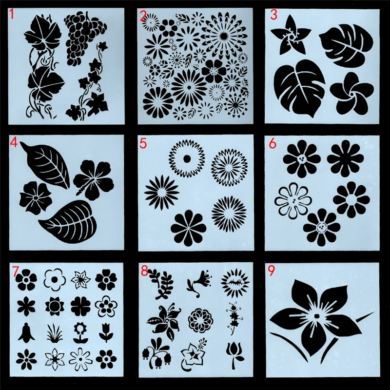 Amoliy 9pcs Cake Stencils Template for Walls Painting Scrapbooking Stamping Craft DIY Flowers Spray Pattern Mold Baking Stencils