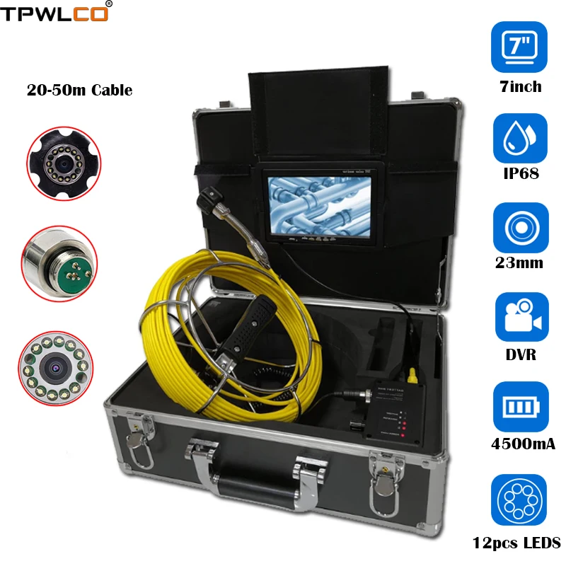 

7inch Screen Industrial Pipe Drain Sewer Inspection System With DVR CCTV Camera Waterproof 23mm With 12pcs LEDS 20-50m Cable