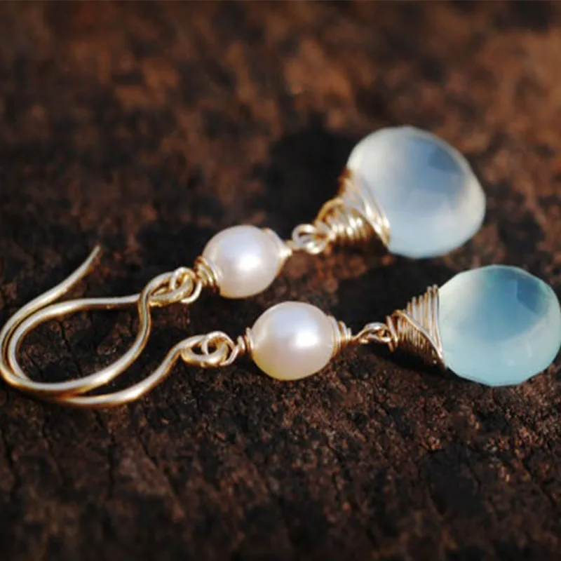 Aqua Chalcedony and petite pearl dangle earrings  Glowing AMAZING natural gemstones earrings