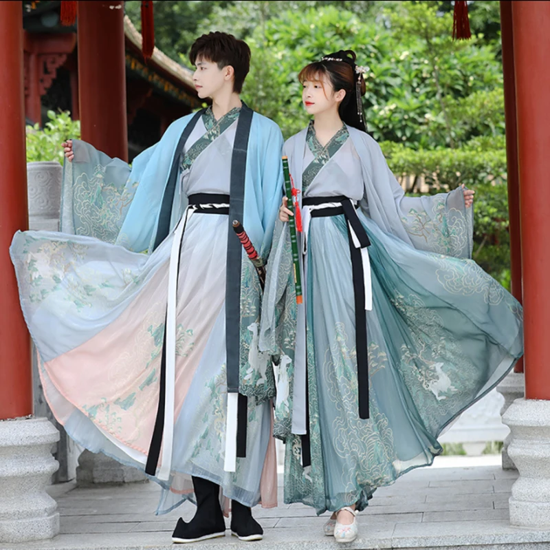 Hanfu Couples Chinese Ancient Vintage Hanfu Shoot Adult Carnival Cosplay Costume Green&Gray 3 Pcs Hanfu Outfit For Men&Women