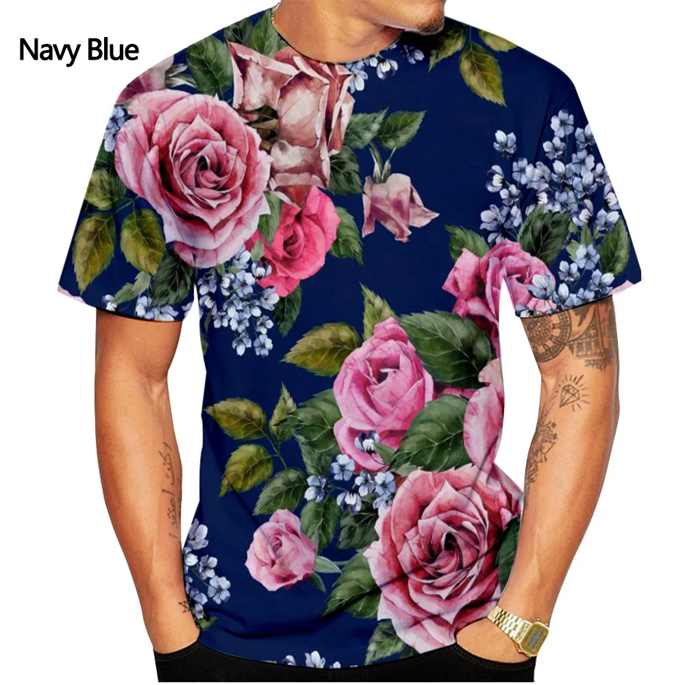 Rose T-shirt Men\'s Fashion 3D Printing T-shirt Summer Casual Short Sleeve Flower Shirt Top