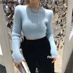 Fluffy Sweaters Women Pullovers Crop Tops O-neck Slim Fit Winter Warm Solid Tender Long Sleeve Knitwear Simple Vintage Jumpers