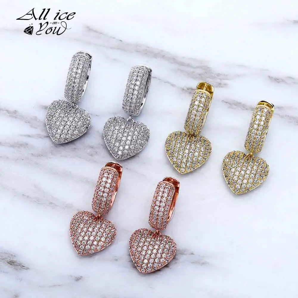 ALLICEONYOU Heart Pendant Earrings High Quality Iced Out Cubic Zirconia Hip Hop Fashion Delicate Women Jewelry For Sisters Gift