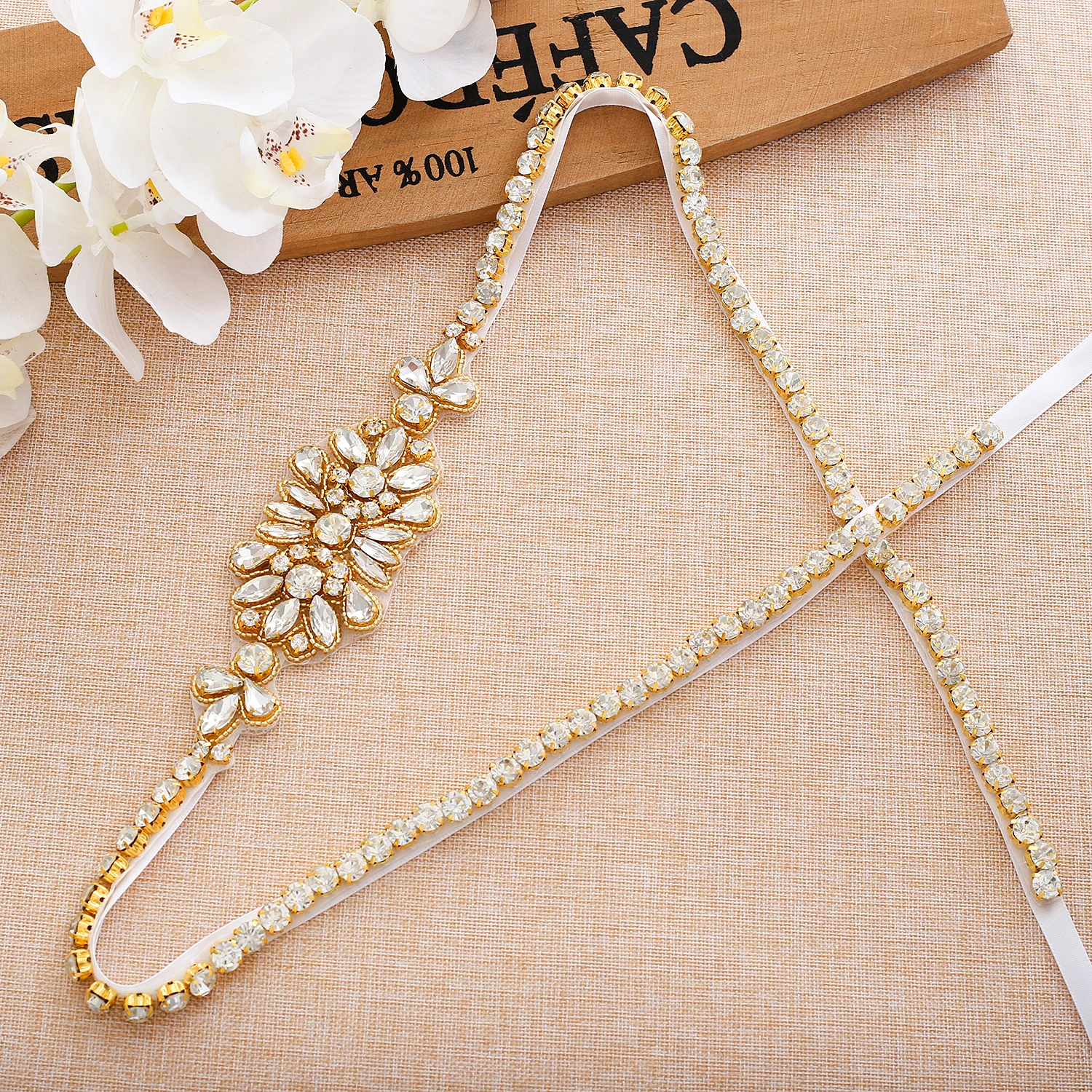 35.82In Gold Crystal Wedding Belt Rhinestones Bridal Belt  With Pearls Ribbons Bridal Sash For Wedding Dress J192G