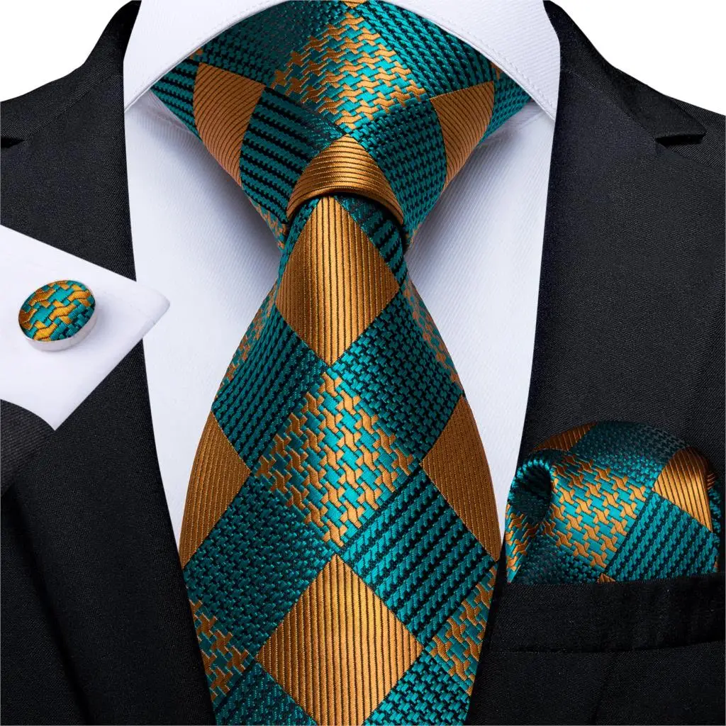 

Fashion Men Tie Teal Green Gold Plaid Silk Wedding Tie For Men Hanky Cufflink Tie Set DiBanGu Novelty Design Business MJ-7319