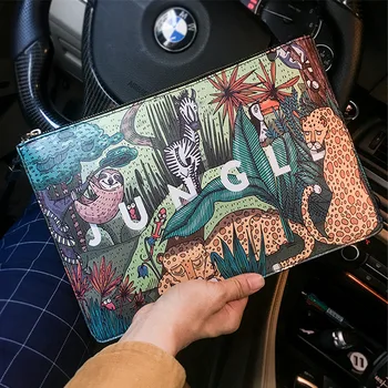 Bolsa de mão masculina com estampa de animais, bolsa de couro com envelope, design de moda, bolsa de mão de alta capacidade para telefone