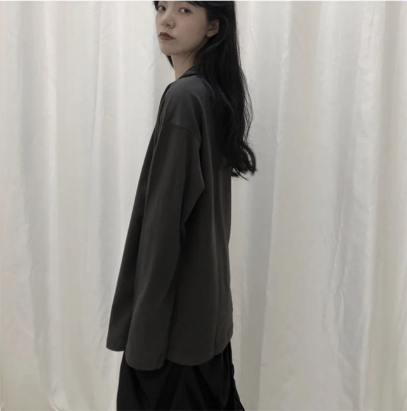 Ladies new autumn cotton long sleeve T-shirt loose casual round collar top solid color shoulder design