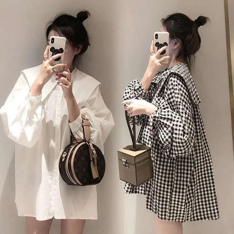 Bow Shirts Womens 2021 New Korean Lantern Sleeve Plaid Oversized Blouse Young Preppy Style Plus Size Lapel Peter Pan Collar Tops