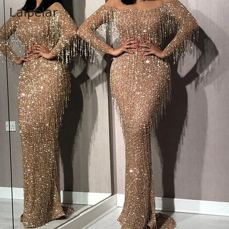 2020 Fall/winter Women's Sexy Sequined Fringed Slim Dress One-Way Neck Prom Formal Dress