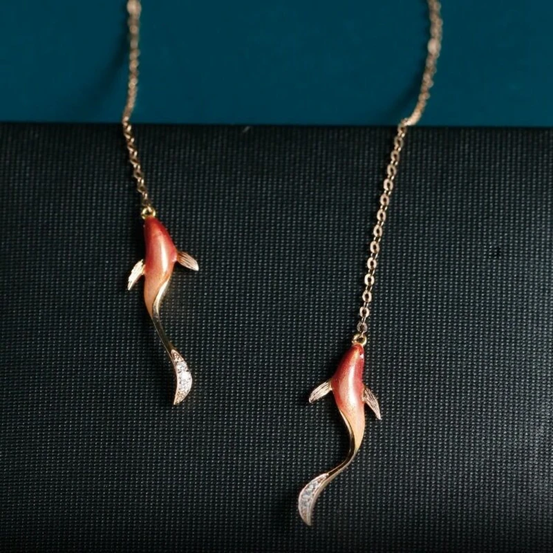 Fashion Red Goldfish Good luck koi Long nappa Line Threader 925 orecchini pendenti ad ago in argento per le donne nuovo regalo di gioielli coreani