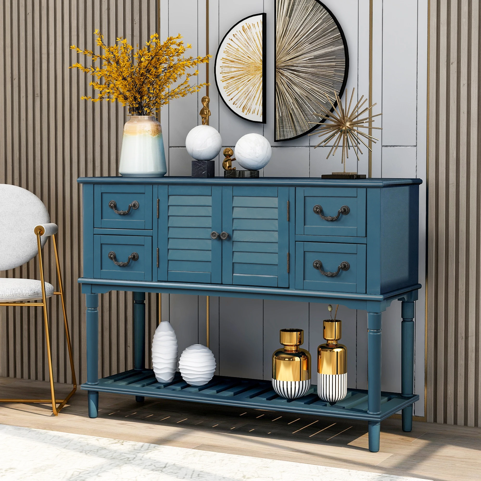 Two Colors End Table Console Table Sideboard for Entryway Sofa Table with Shutter doors and 4 Storage Drawers US Warehouse