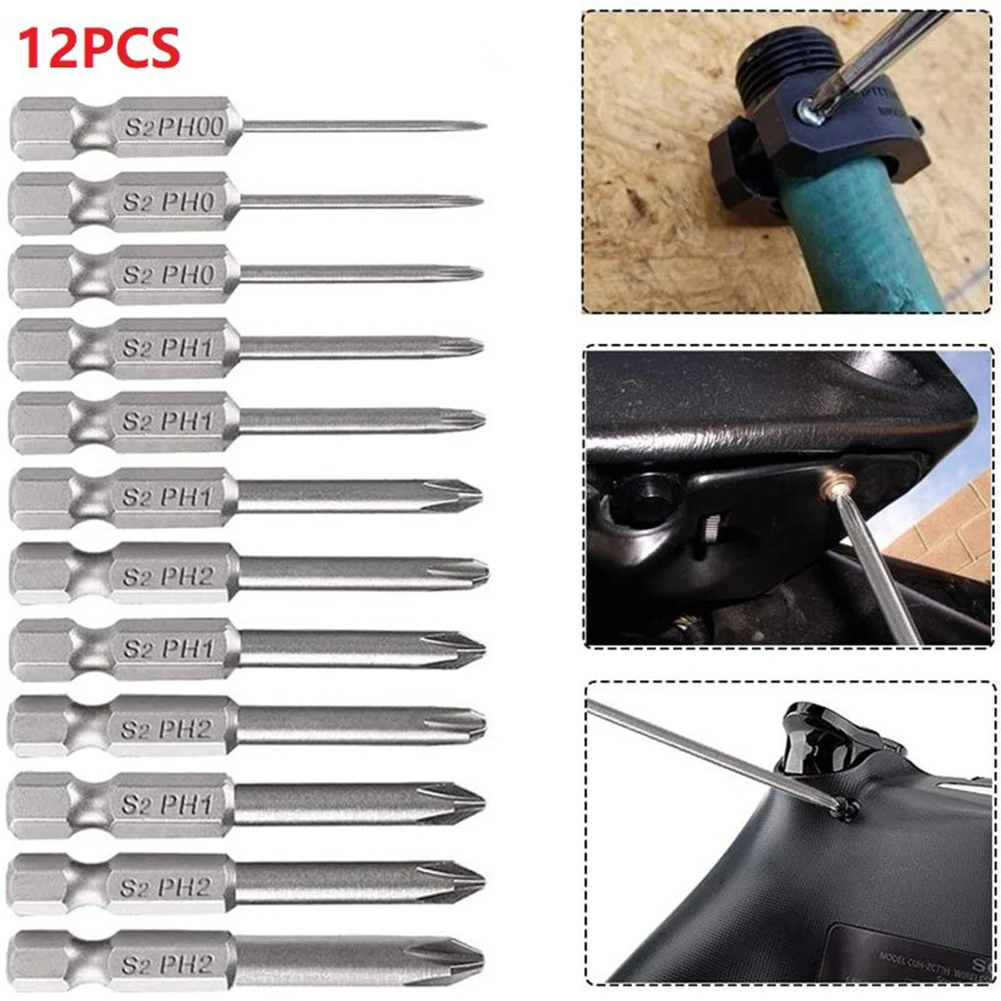 12Pcs 50mm S2 Alloy Steel PH Cross Screwdriver Bits 1/4 Inch Hex Shank Magnetic Electric Drill Screwdriver Bit PH00 PH0 PH1 PH2