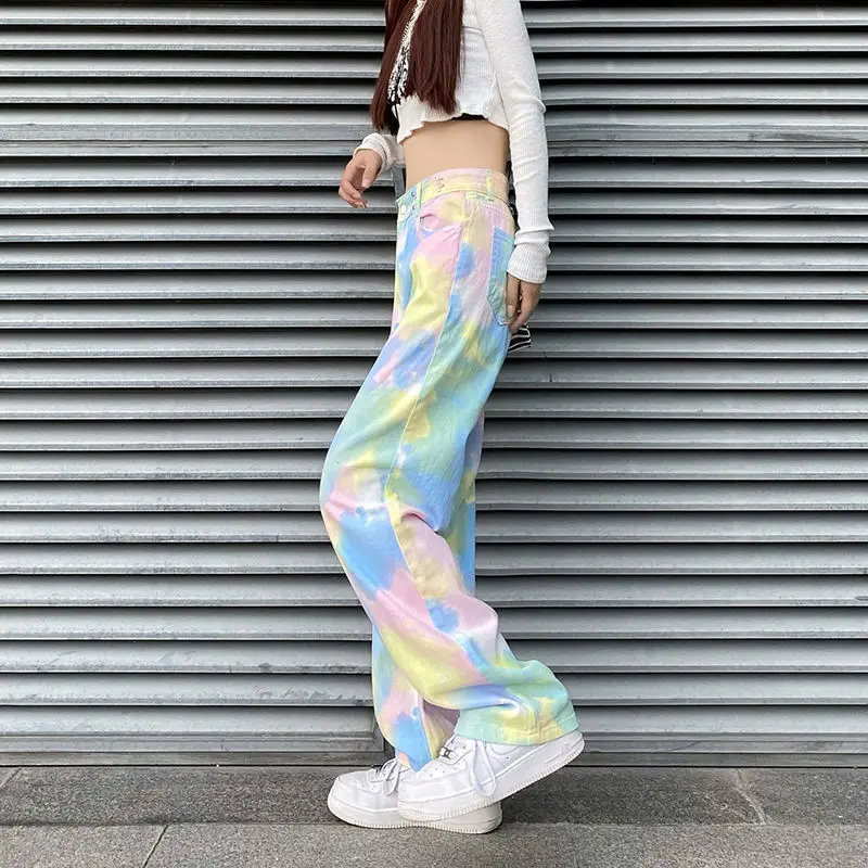 Tie Dye Rainbow High Waisted Harajuku Streetwear Vintage Straight Jeans Punk Korean Style Baggy Gothic Casual Denim Pants Female