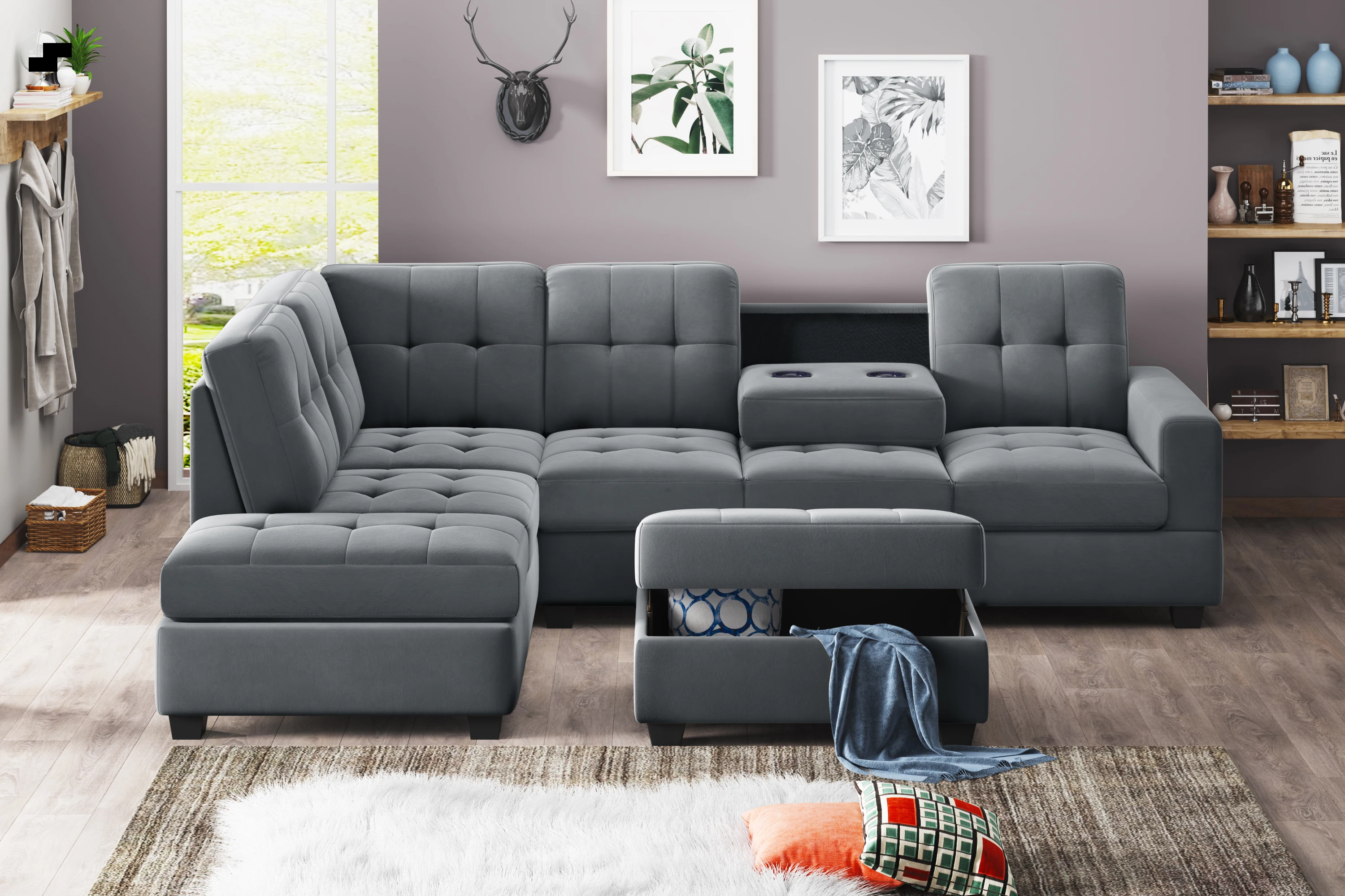 3 Piece Sectional Sofa Microfiber with Reversible Chaise Lounge Storage Ottoman and Cup Holders Antique Gray/Brown[US-W]