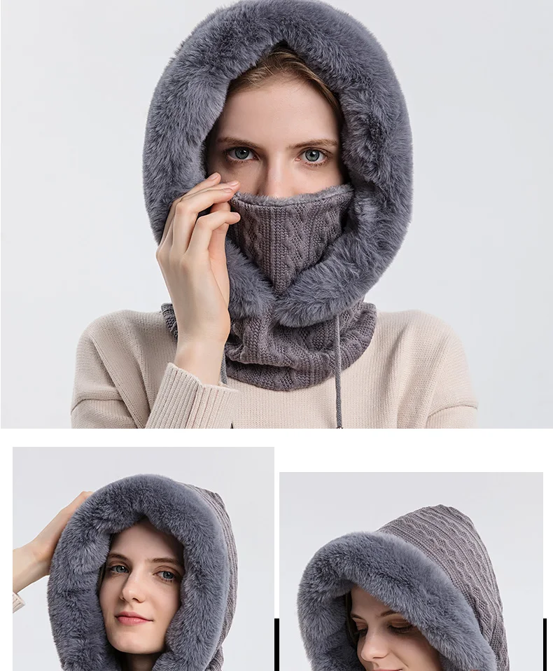 Masque D'hiver à Capuche En Fourrure Pour Femme - Cagoule Chaude En Laine Et Fourrure