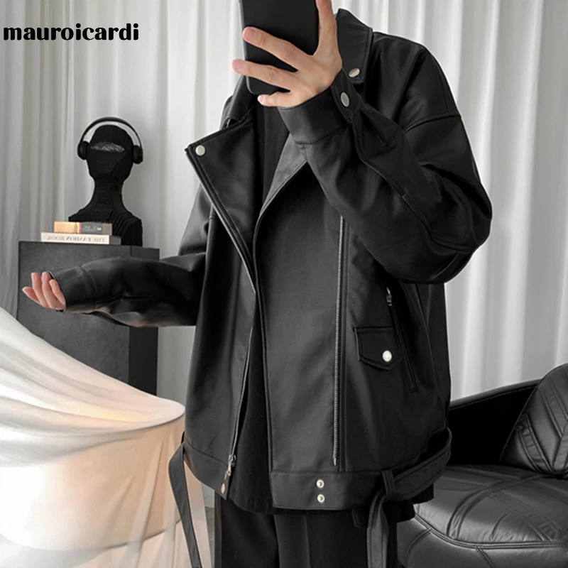 Mauroicardi Spring Black Oversized Leather Biker Jacket Men Casual Loose Korean Fashion 2021 Faux leather Jackets for Men Brand