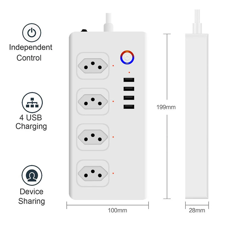 Brazil WiFi Smart Power Strip with 4 Outlets 4USB Ports ,1.5m Extension Cord Voice works with Alexa, Google Home powered by Tuya