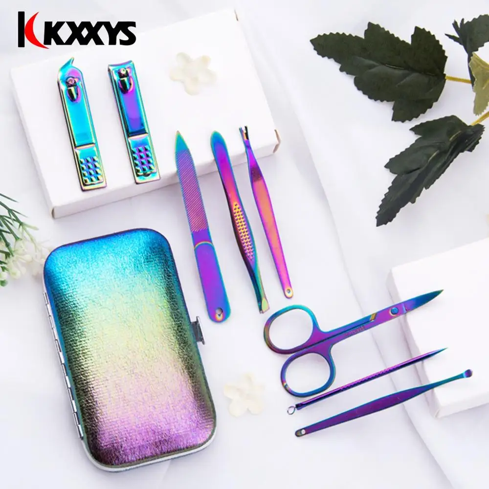 8-delige regenboog manicureset - roestvrijstalen nagelknipper, pincet pedicure gereedschap, draagbare reisset voor thuiscadeau