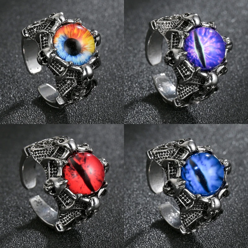 Punk Vintage Men Retro Skull Evil Eyes Rings Devil Eyeball Male Crystal Finger Ring Jewelry Halloween Gifts Bar Night Club