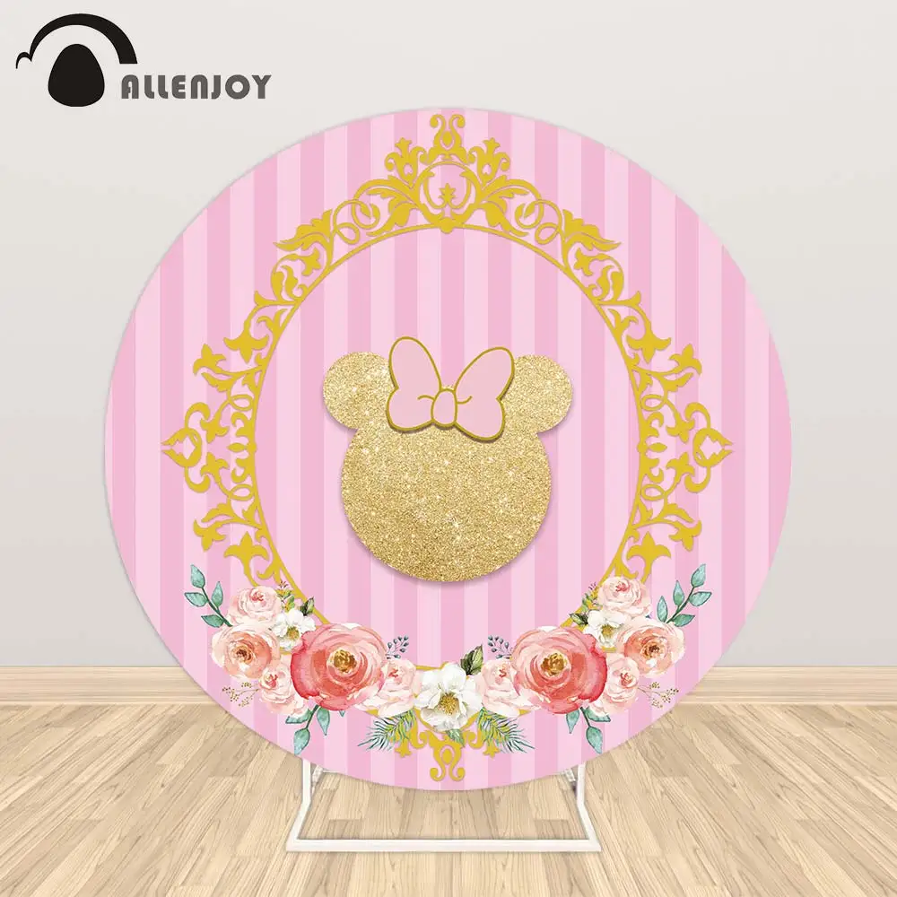 

Allenjoy Mouse Head Cartoon Circle Round Backdrops Wallpapers Flowers Pink Stripe Bow Elastic Table Cover Elastic Backgrounds