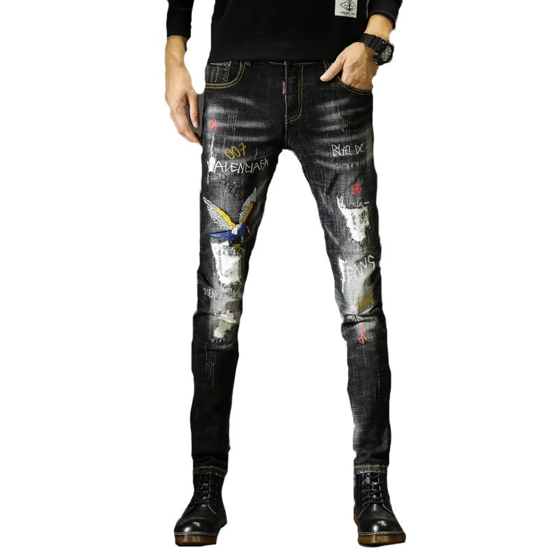 Free Shipping New 2020 men's male trend hole embroidery jeans spray paint personalized printing pattern beggar pants trousers