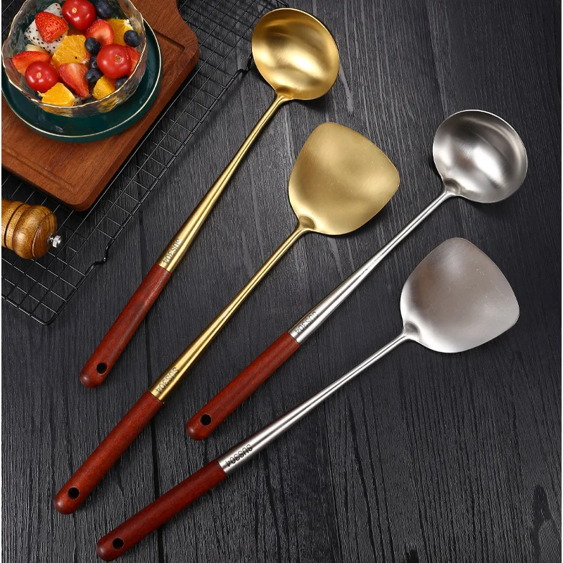 Jaswehome Stainless Steel Wok Utensils Long Wooden Handle Wok Spatula with Spatula Spoon Soup Spoon Ladle Household Kitchen Tool