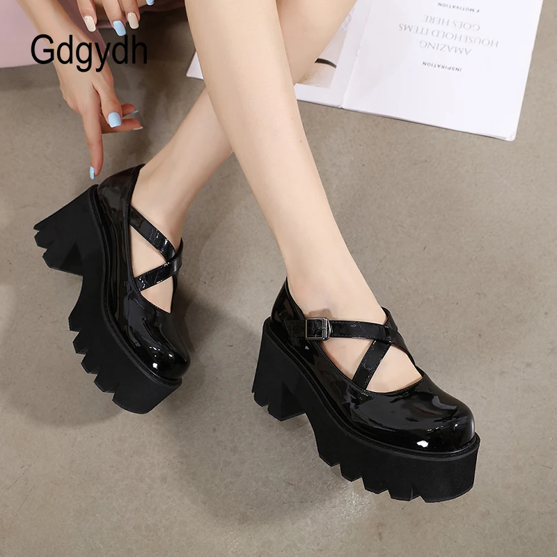 Gdgydh Patent Leather Mary Jane Shoes Women Japanese Platform High-Heeled School College Shoes For Girls Cross Strap Buckle