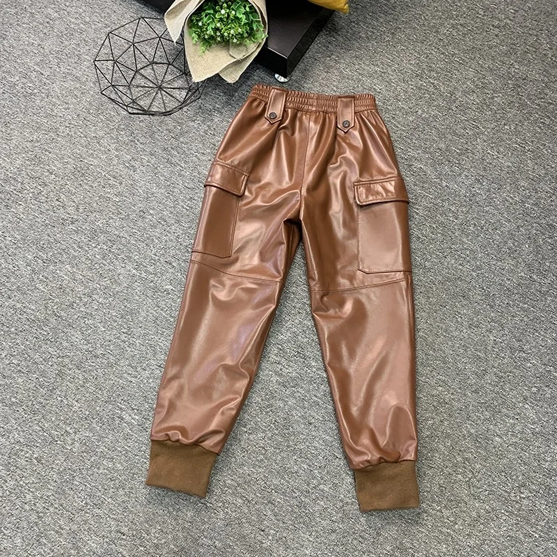 

Genuine Women Leather Cargo Pants Streetwear Casual Elastic High Waist Harem Pants Fashion Sheepskin Casual Ankle Length Trouser