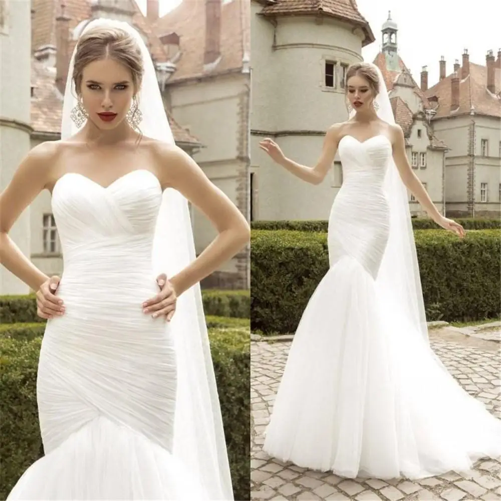 Nieuwste Ruches Mermaid Wedding Dress Lace Up Wit/Ivoor Sweetheart Slim Bruidsjurken