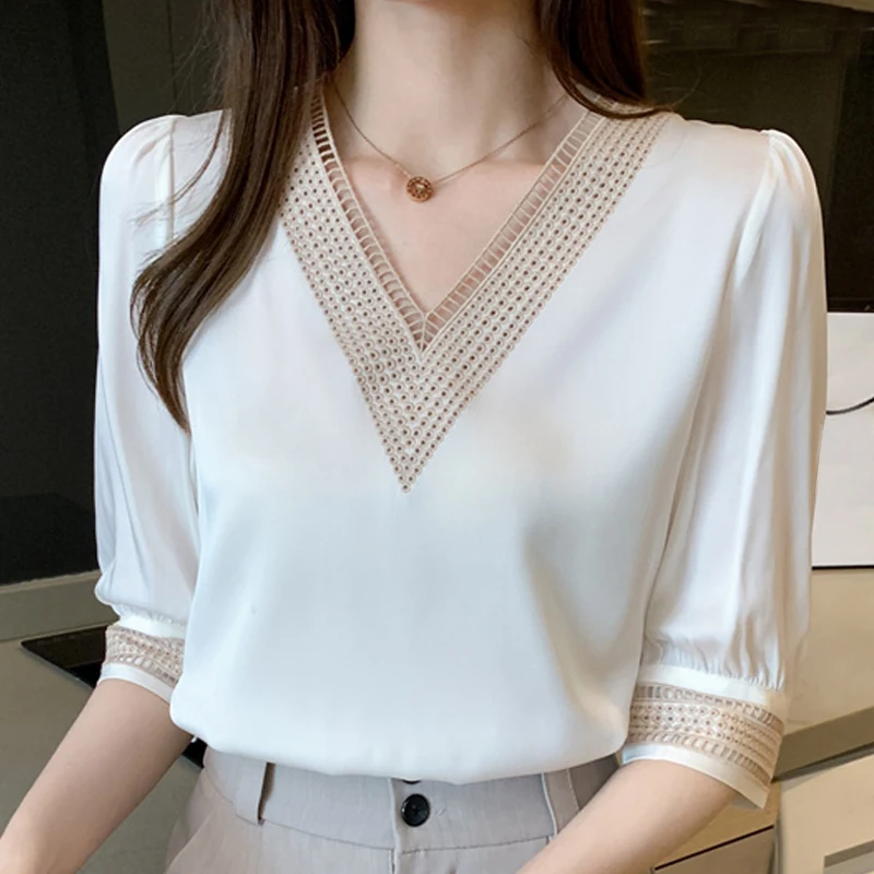 Women Shirts Blouses Femme White Blouse Tops Women Blusas Mujer De Moda 2023 Verano V-Neck Chiffon Blouse Shirt Tops Blusas E608