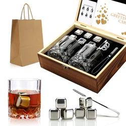 Whiskey Stones and Glasses Set, Steel Ice Cubes for Whisky, Whiski Chilling Rocks in Wooden Box, Gift for Dad, Husband, Men