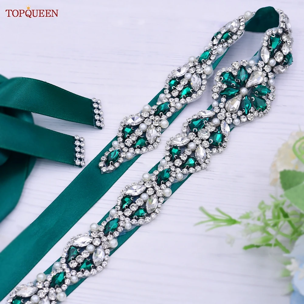 TOPQUEEN S39 Luxury Green Diamond Bridal Belt Emerald Rhinestone Wedding Dresses Accessories Women Bridesmaid Evening Girdles