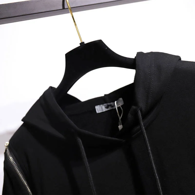 150Kg Plus Size Women's Spring Autumn Loose Hooded Sweatshirt Bust 154cm 6XL 7XL 8XL 9XL 10XL Long Sleeve Fake Zipper Top Black